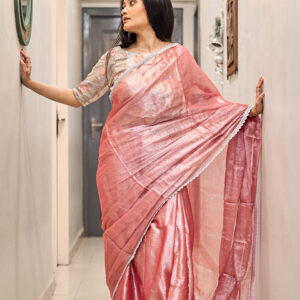 Blush saree , mul cotton by tissue, silver lace detail, 5.5 metres, 4350_-