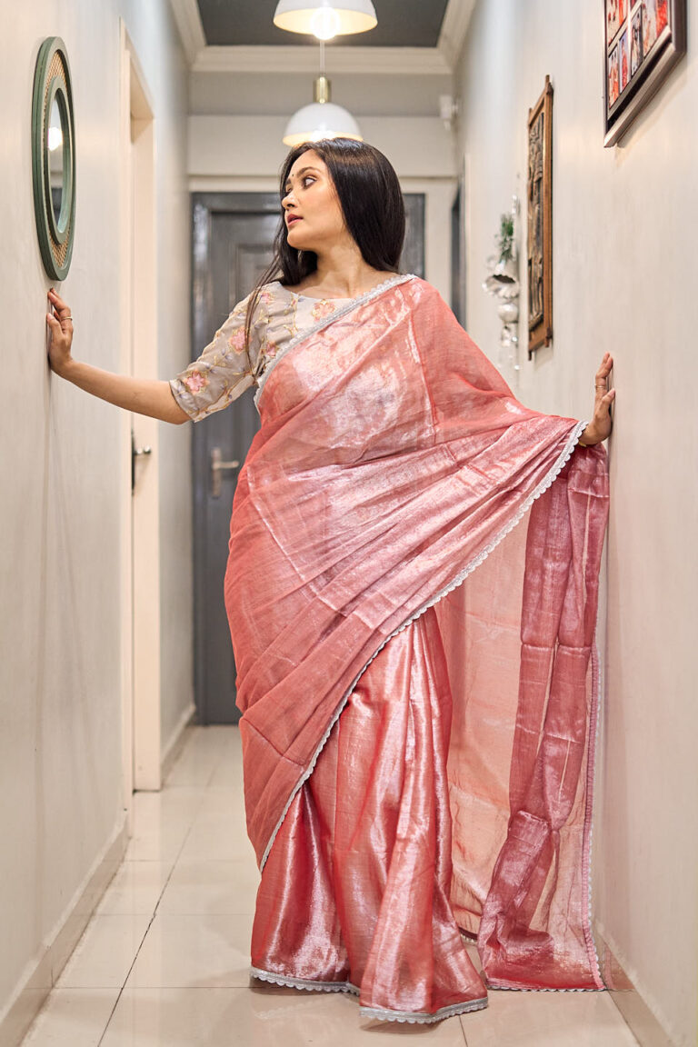 Blush saree , mul cotton by tissue, silver lace detail, 5.5 metres, 4350_-